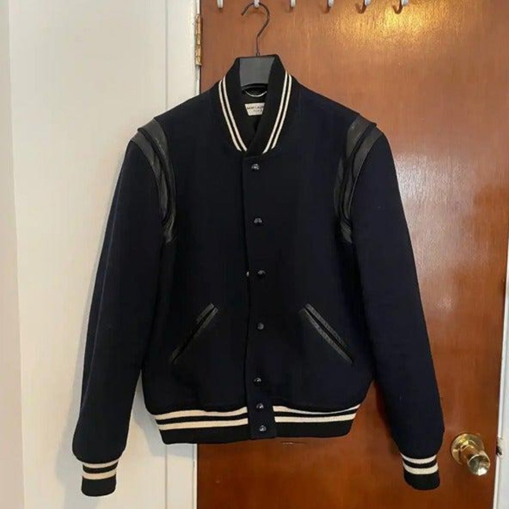 SAINT LAURENT 2015 Teddy Blue Varsity Jacket Size 48